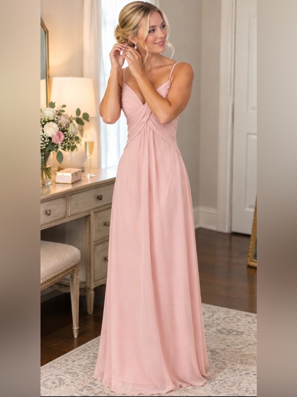 Bari Jay Pink Ruched Sweetheart Maxi Gown